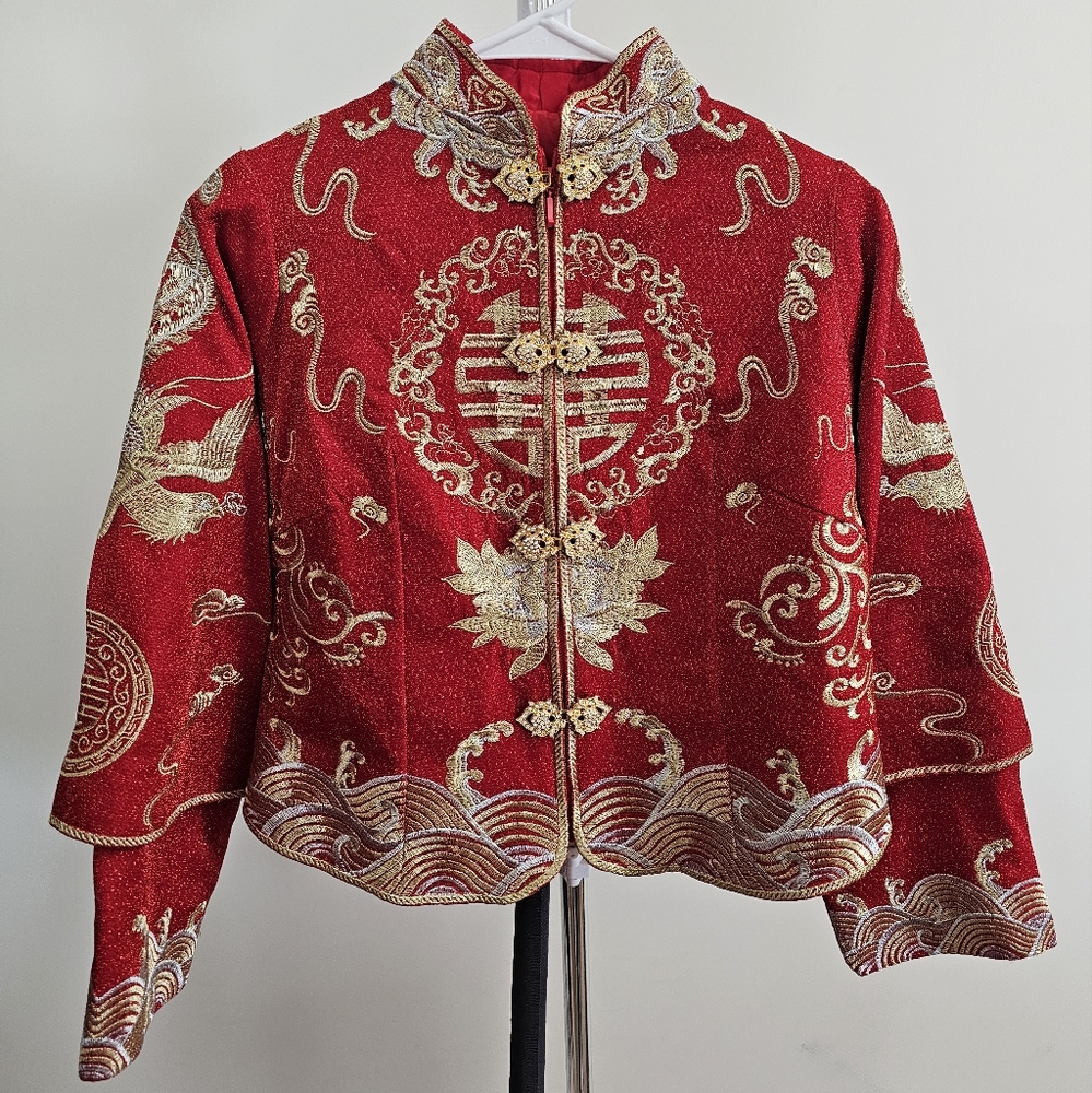 Traditional Chinese Bridal Red Wedding Qipao Dress, 2 piece top and skirt